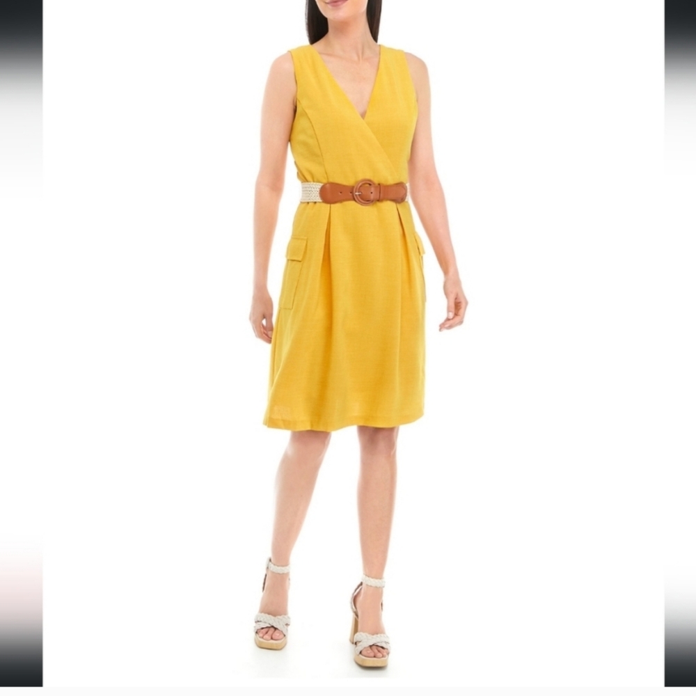 Donna Ricco New York SleevelessV-Neck Belted Fit & Flare Dress'Mustard' Size 6